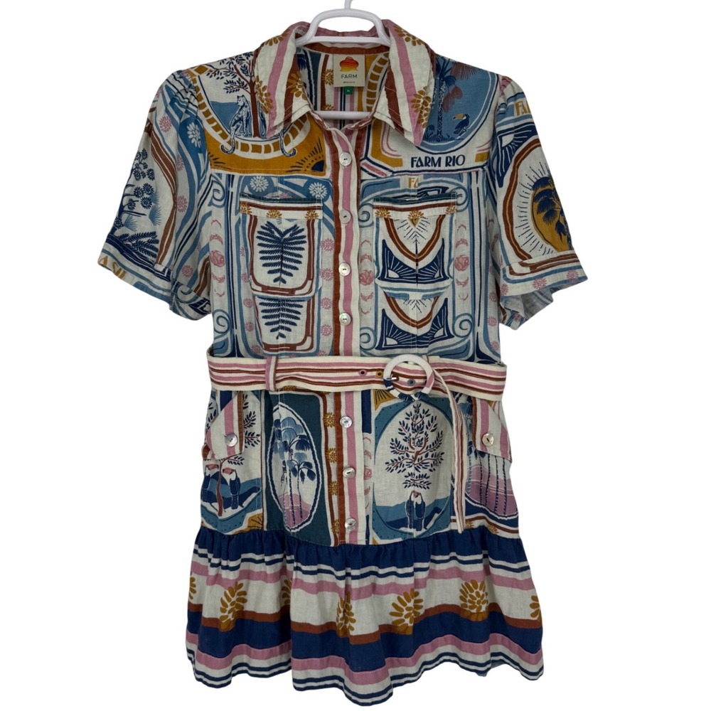 Farm Rio Womens XL Linen Tropical Animal Print Belted Ruffle Mini Shirt Dress